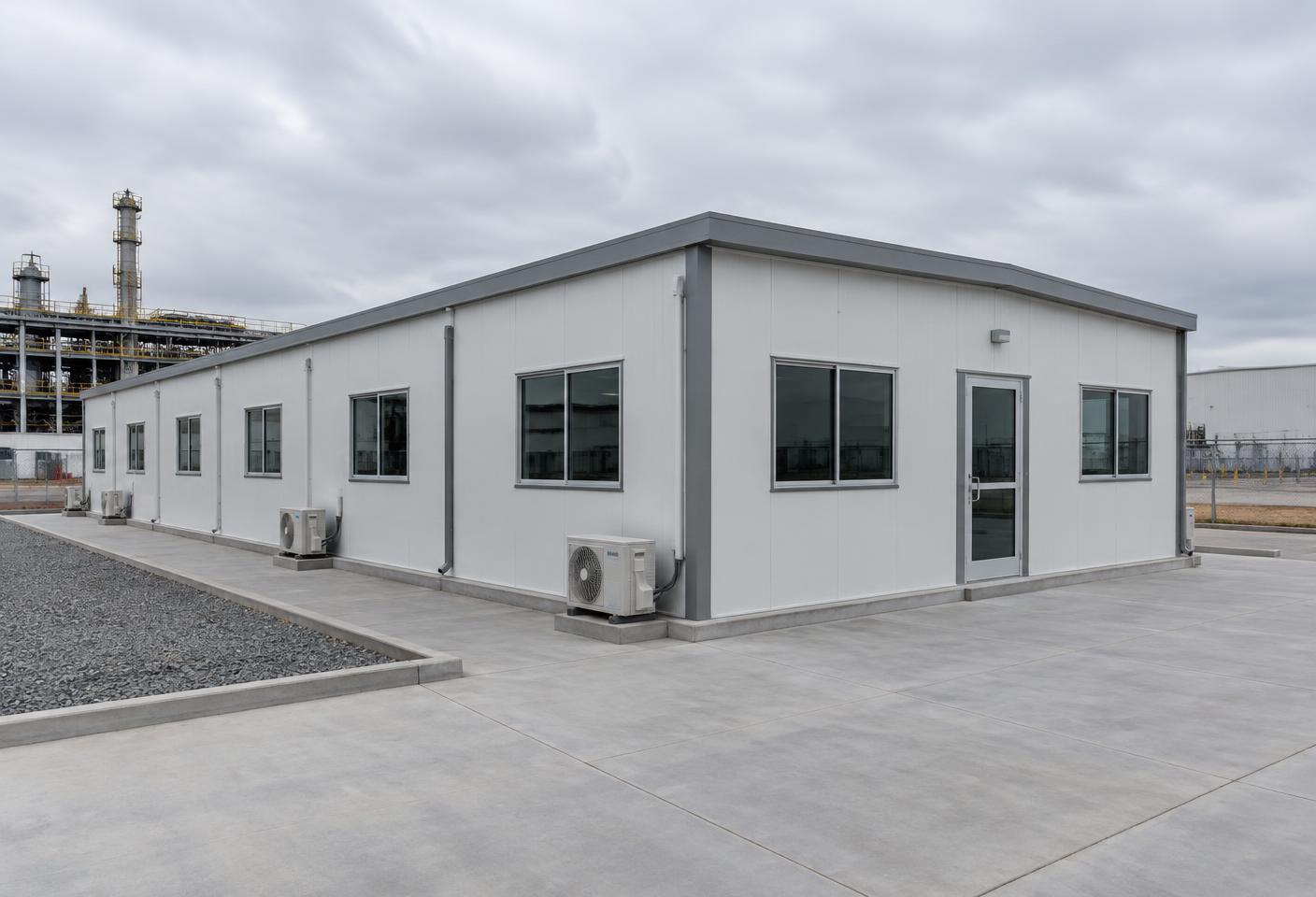Oficinas industriales con paneles prefabricados y estructura metálica